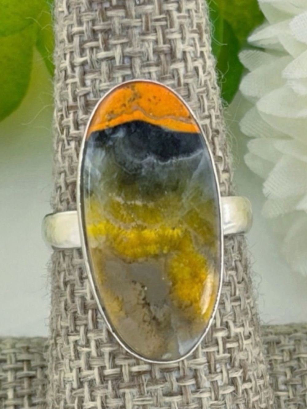Sterling Silver 925 Bumble Bee Jasper Long Ring Size 7 Boho Southwest New